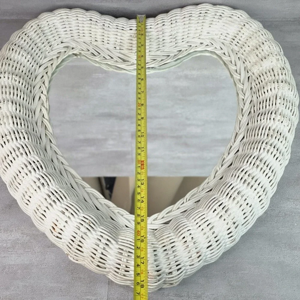 Heart White Wicker Wall Mirror Cottagecore Shabby Chic Rustic Boho 18x18